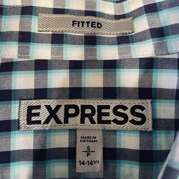 Express Fitted Checkered Button Down Shirt Mens Small Blue White Workwear - Picture 4 of 7